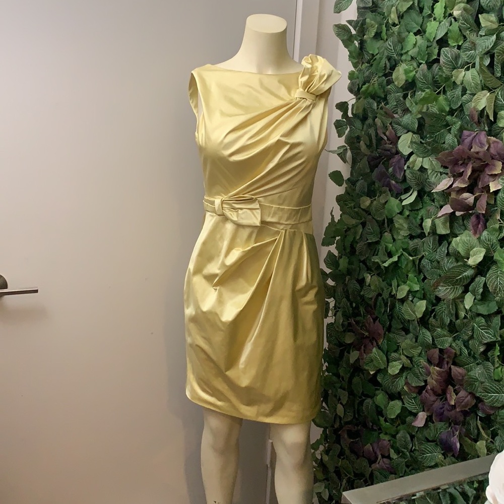 Yellow shoulder side bow Silk dress